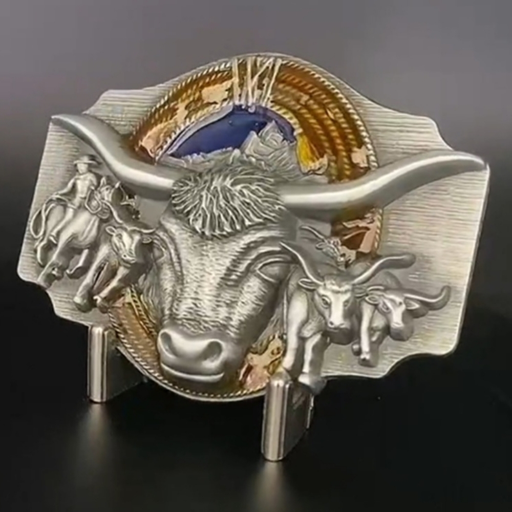 New western longhorn bull belt buckle approximately 3.75" wide.  Fits 1.…